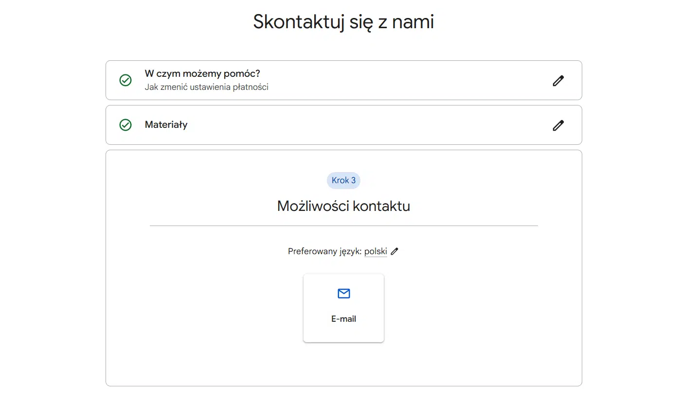 Formularz zgłoszenia do supportu Google Ads - kontakt mailowy
