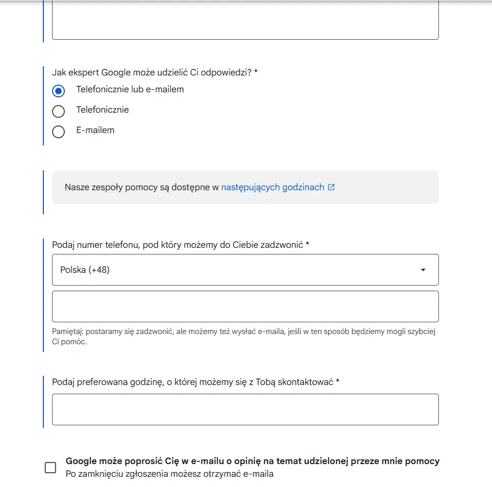 Formularz zgłoszenia do supportu Google Ads - wybór formy odpowiedzi