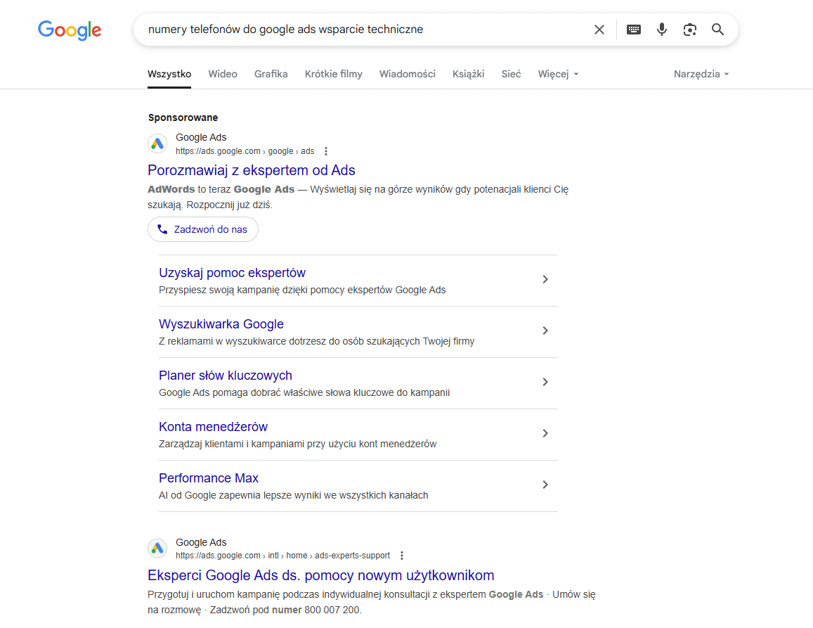 Numer telefonu do Google Ads 