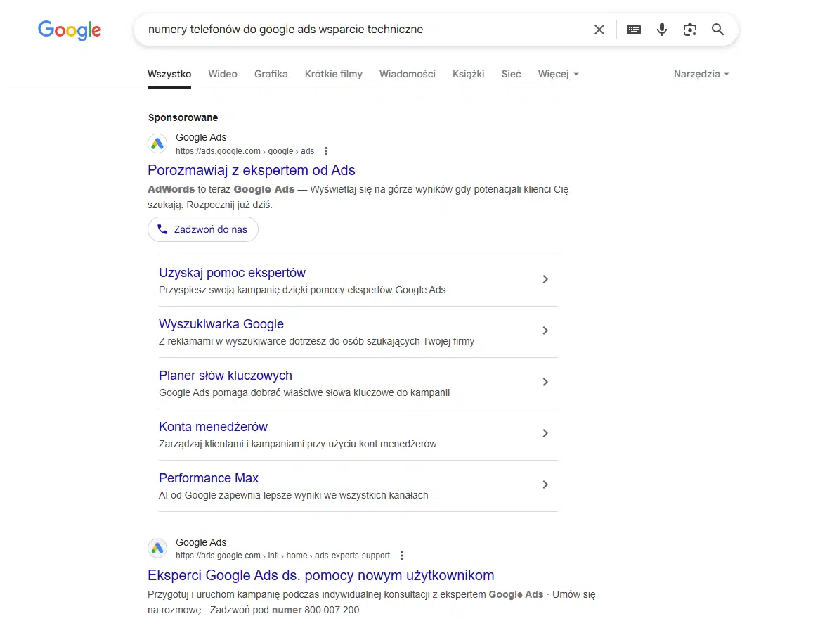 Numer telefonu do Google Ads 