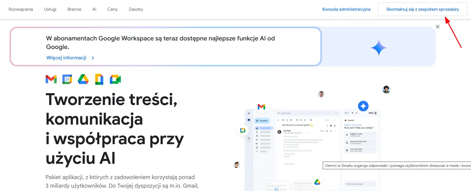 Kontakt z działem sprzedaży Google Workplace