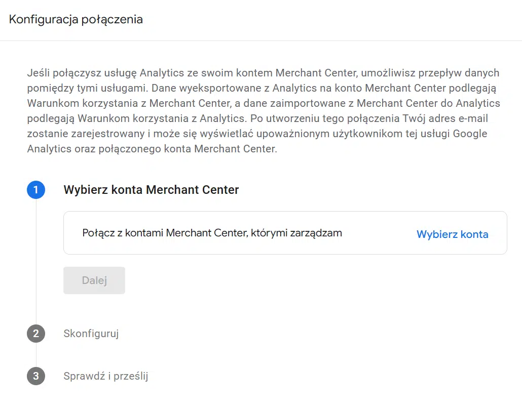 Konfiguracja połączenia w GA4 - wybór konta Google Merchant Center
