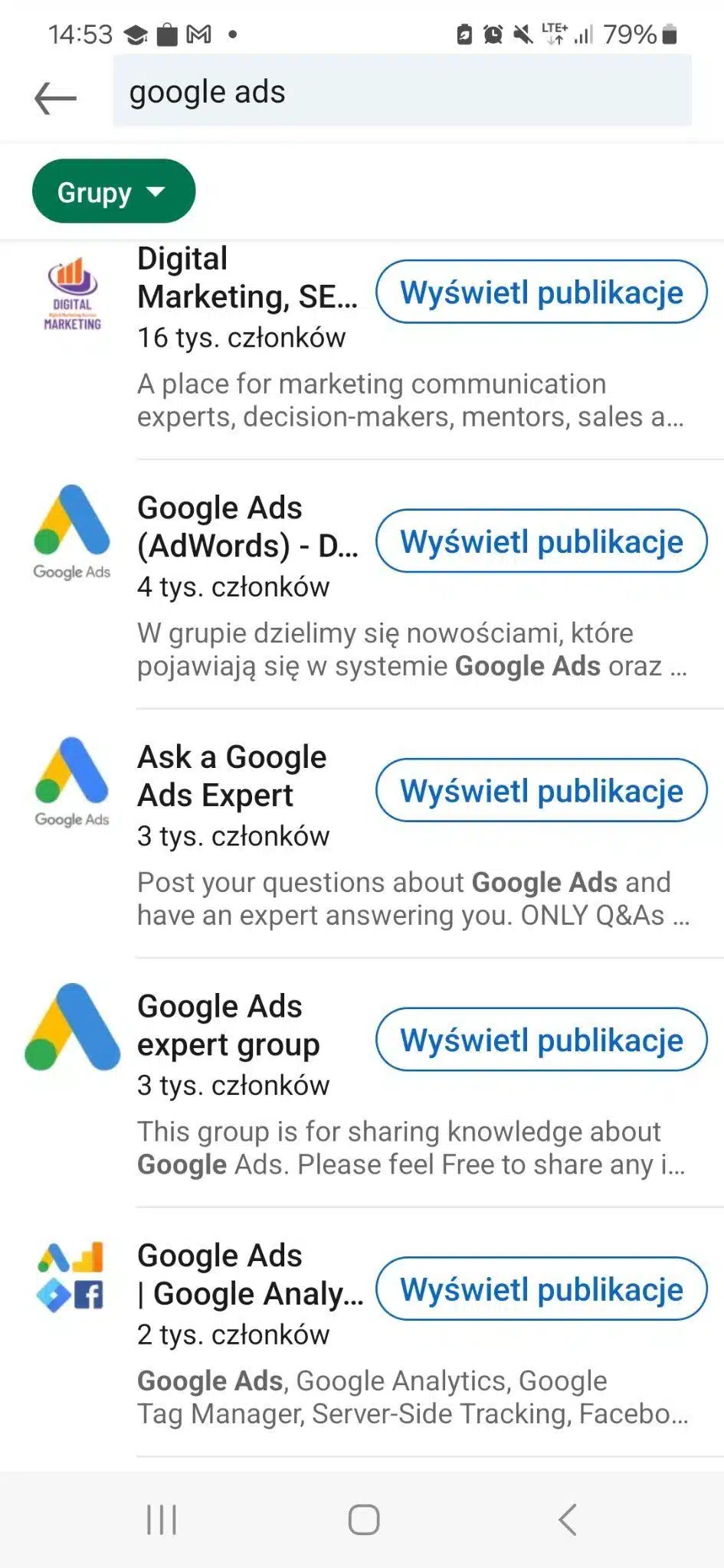 Grupy na temat Google Ads w LinkedIn