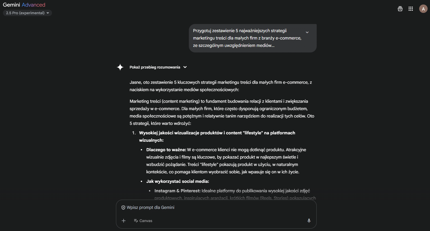 Google Gemini - przykładowy prompt i odpowiedź