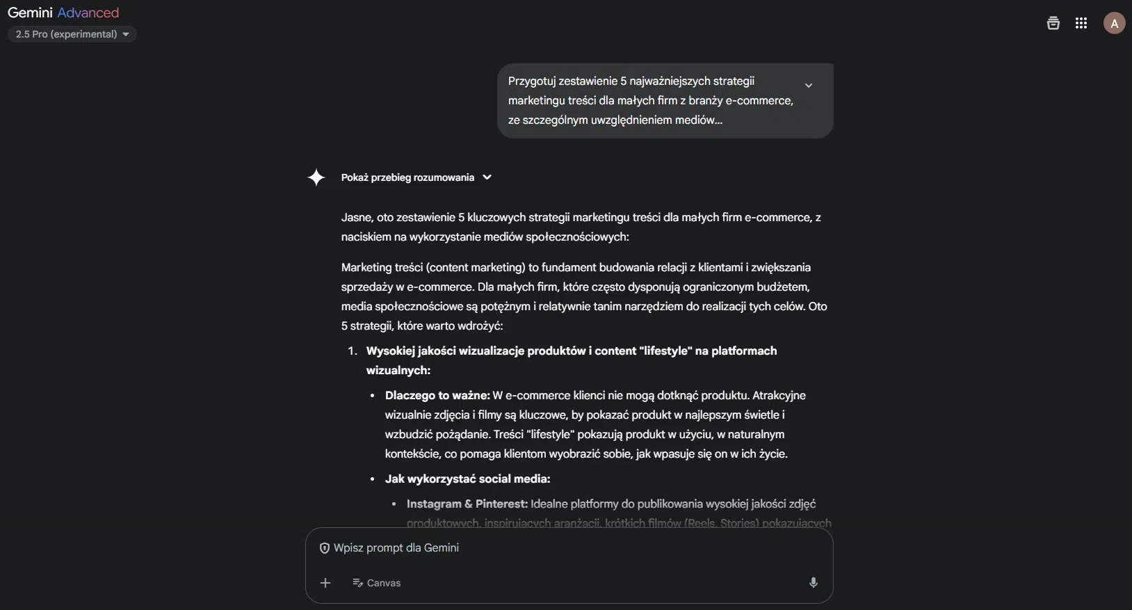 Google Gemini - przykładowy prompt i odpowiedź