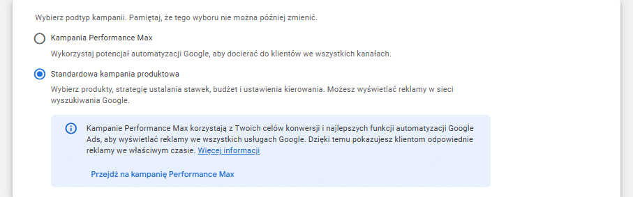 Uruchamianie kampanii Google Ads - wybór podtypu kampanii