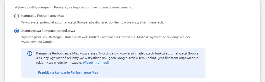 Uruchamianie kampanii Google Ads - wybór podtypu kampanii