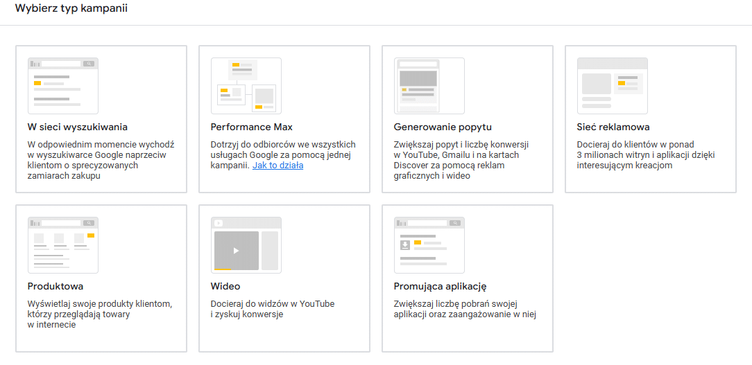 Wybór typu kampanii w Google Ads