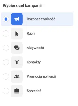 Wybór celu kampanii w Meta Ads