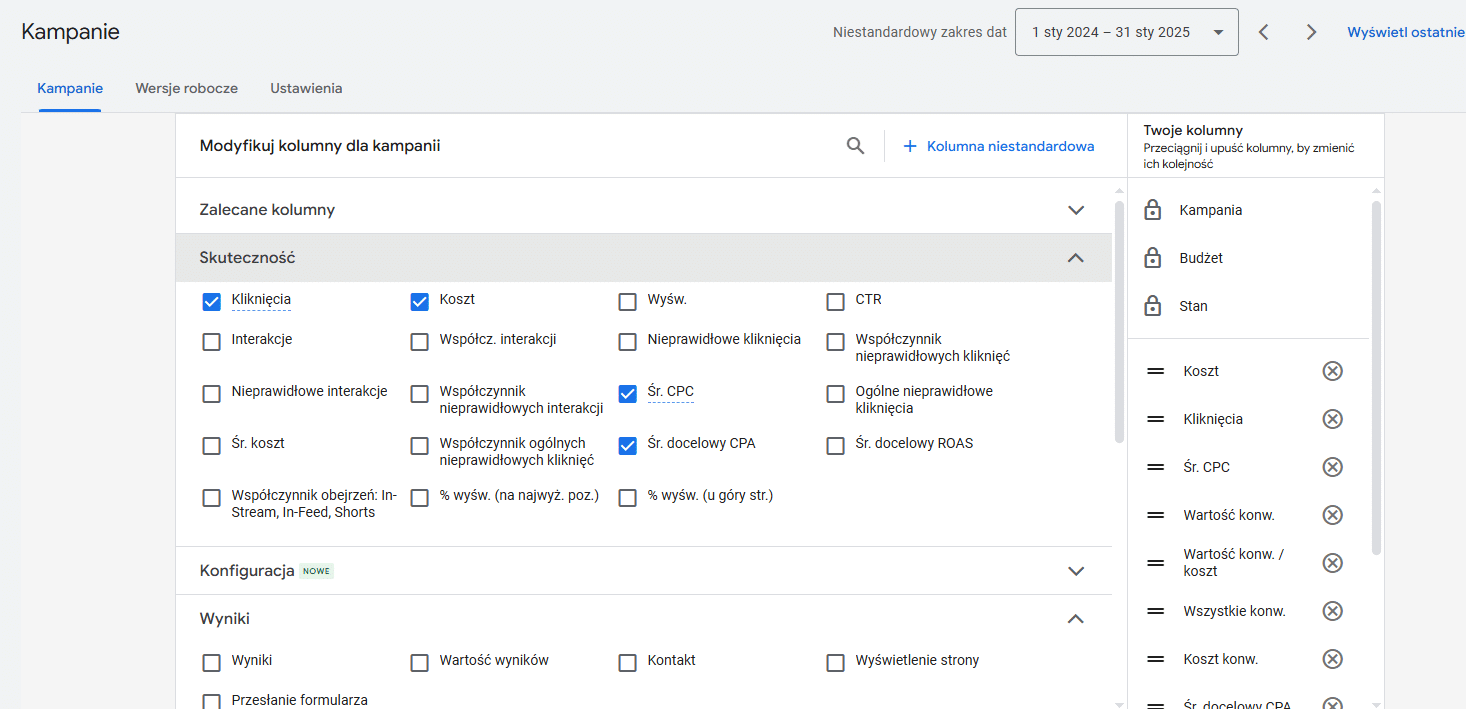 Analiza kampanii w sieci wyszukiwania: kliknięcia, koszt, CPC, CPA