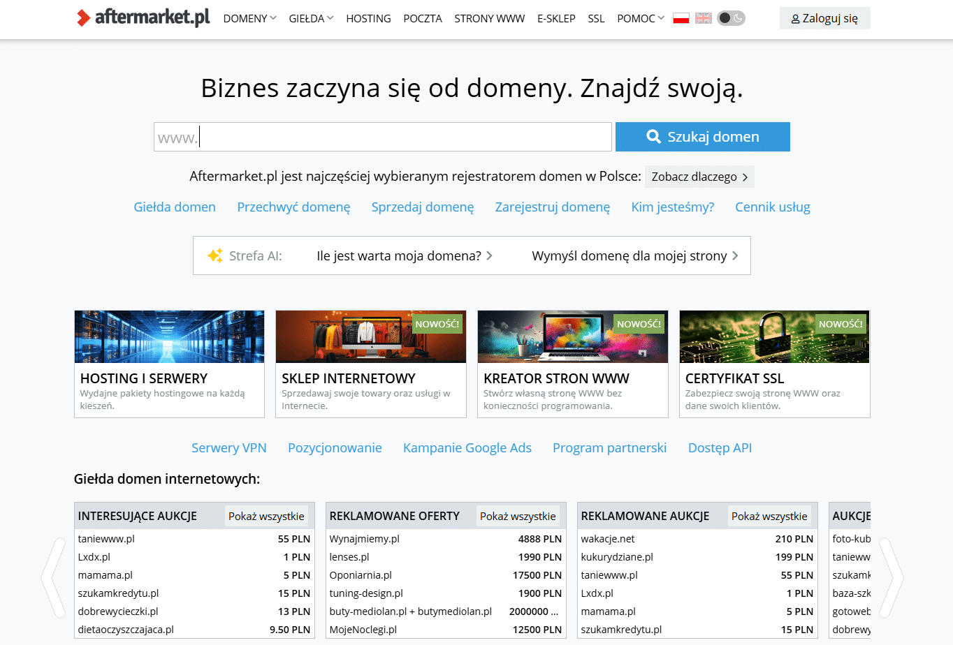 Strona aftermarket.pl - jeden z liderów rynku domen wtórnych