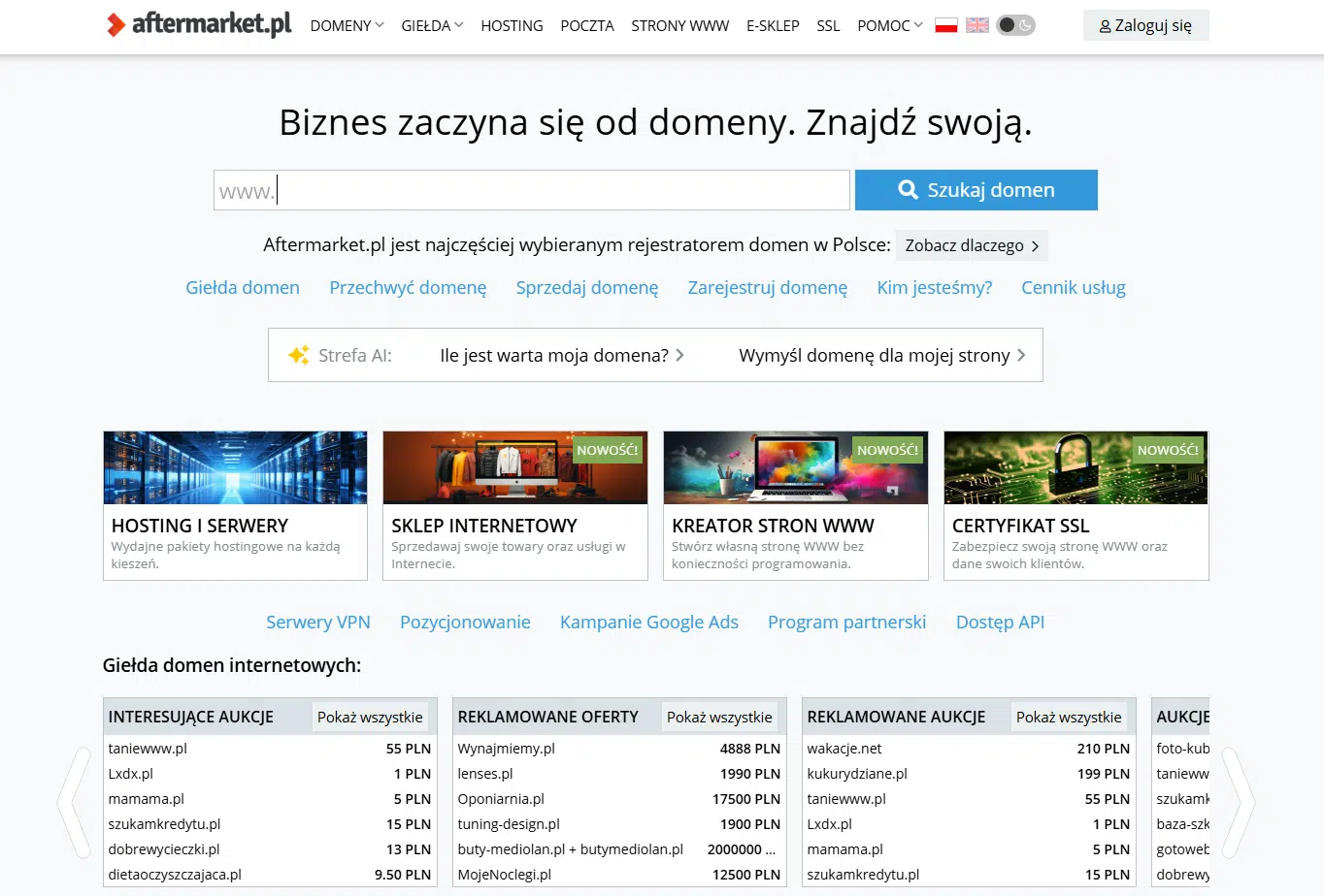 Strona aftermarket.pl - jeden z liderów rynku domen wtórnych