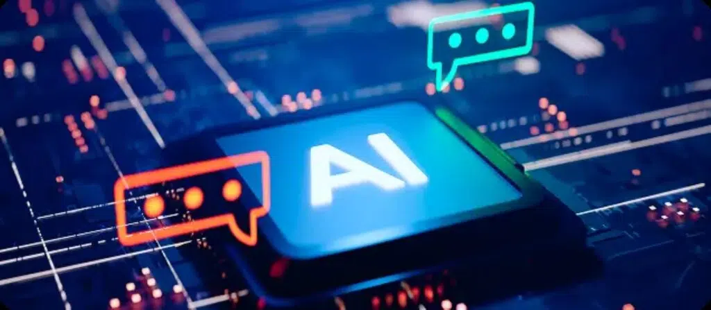 Procesor z napisem AI oraz neonowymi dymkami czatu na futurystycznym, technologicznym tle.