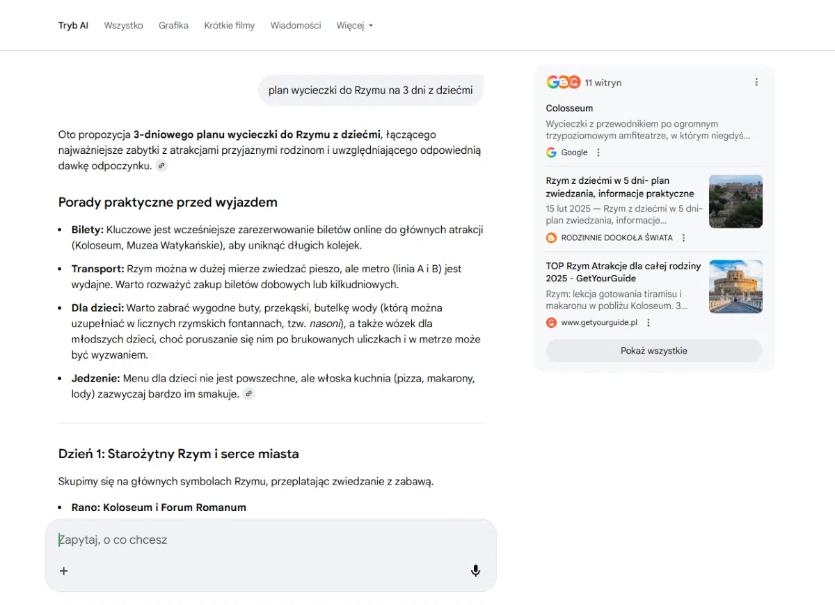 Tryb konwersacyjny w AI Mode - na przykładzie wyszukiwania "plan wycieczki do Rzymu na 3 dni z dziećmi"