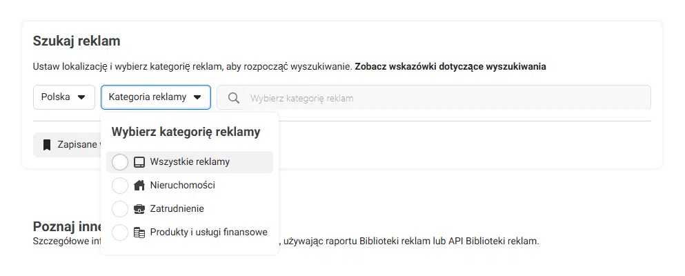 Wyszukiwanie reklam w Bibliotece Reklam Meta