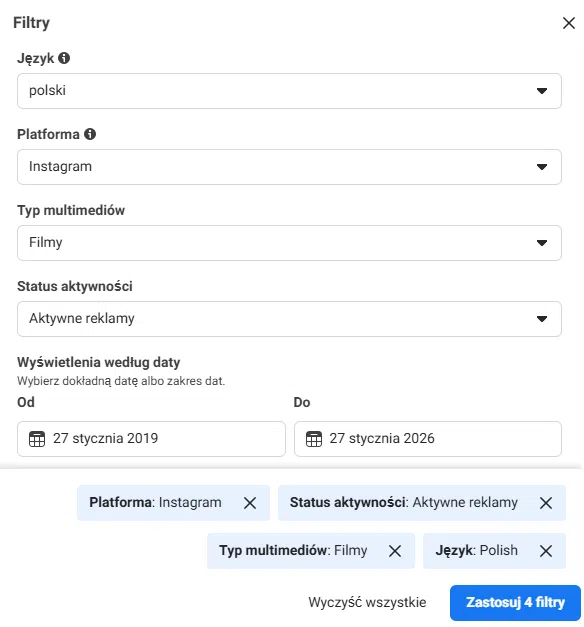 Filtrowanie reklam w Bibliotece Reklam Meta