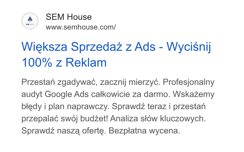 Przykład reklamy tekstowej w Google Ads