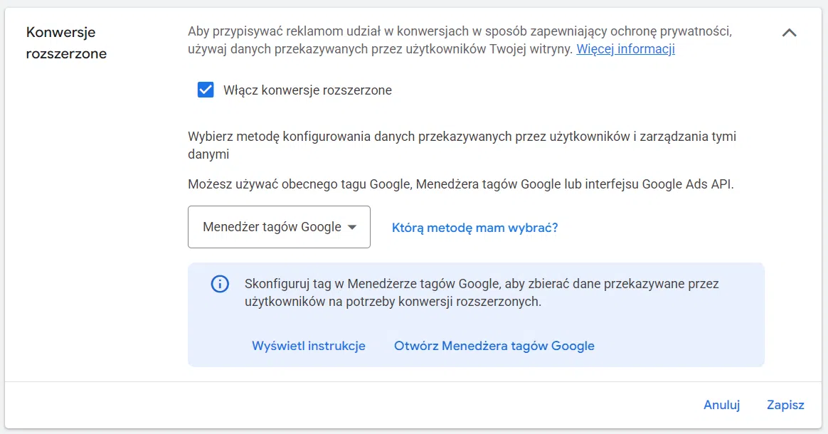 Aktywacja konwersji rozszerzonych w Google Ads za pomocą Google Tag Manager
