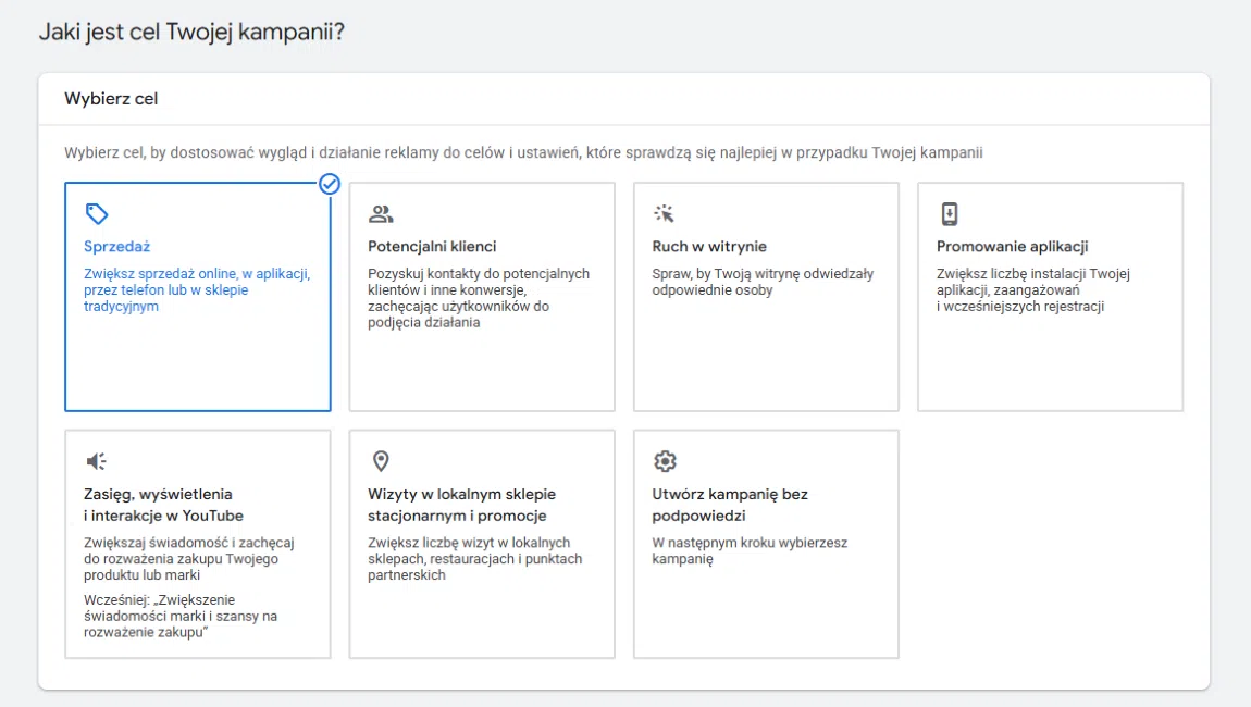 Pierwsza kampania Google Ads - wybór celu kampanii