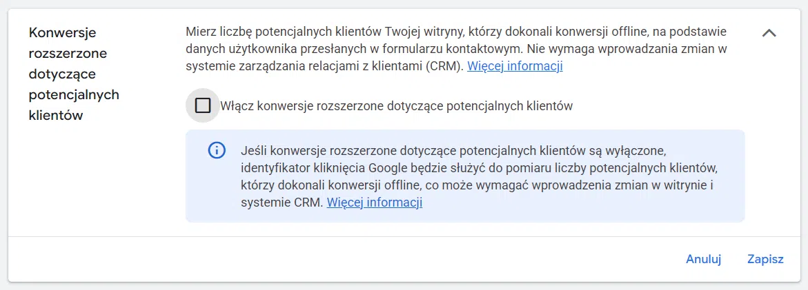 Konwersje rozszerzone dla potencjalnych klientów w panelu Google Ads