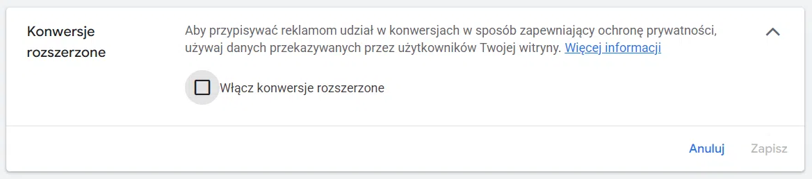 Konwersje rozszerzone w panelu Google Ads