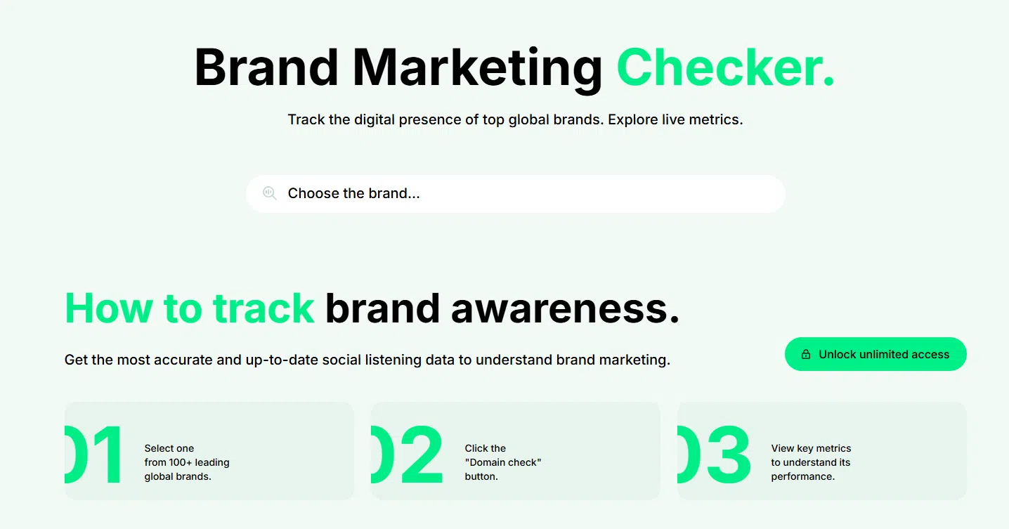Strona główna narzędzia Brand Marketing Checker z polem wyszukiwania i instrukcją obsługi.