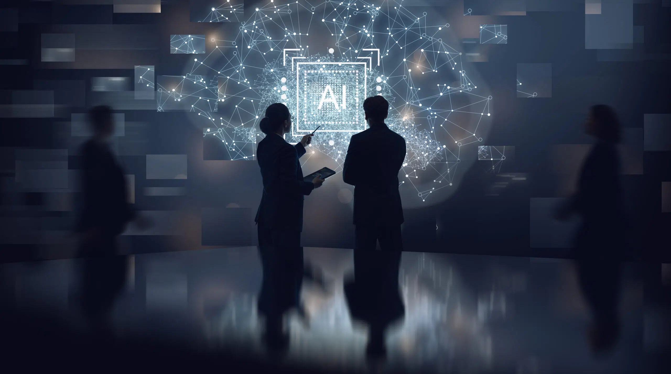 Two business professionals in formal attire discussing and analyzing a complex artificial intelligence network visualization displayed on a digital interface. The immersive futuristic setting features interconnected nodes and data points symbolizing AI technology, innovation, digital transformation, and data analytics, emphasizing collaboration, technology-driven strategy, and cutting-edge business insights.