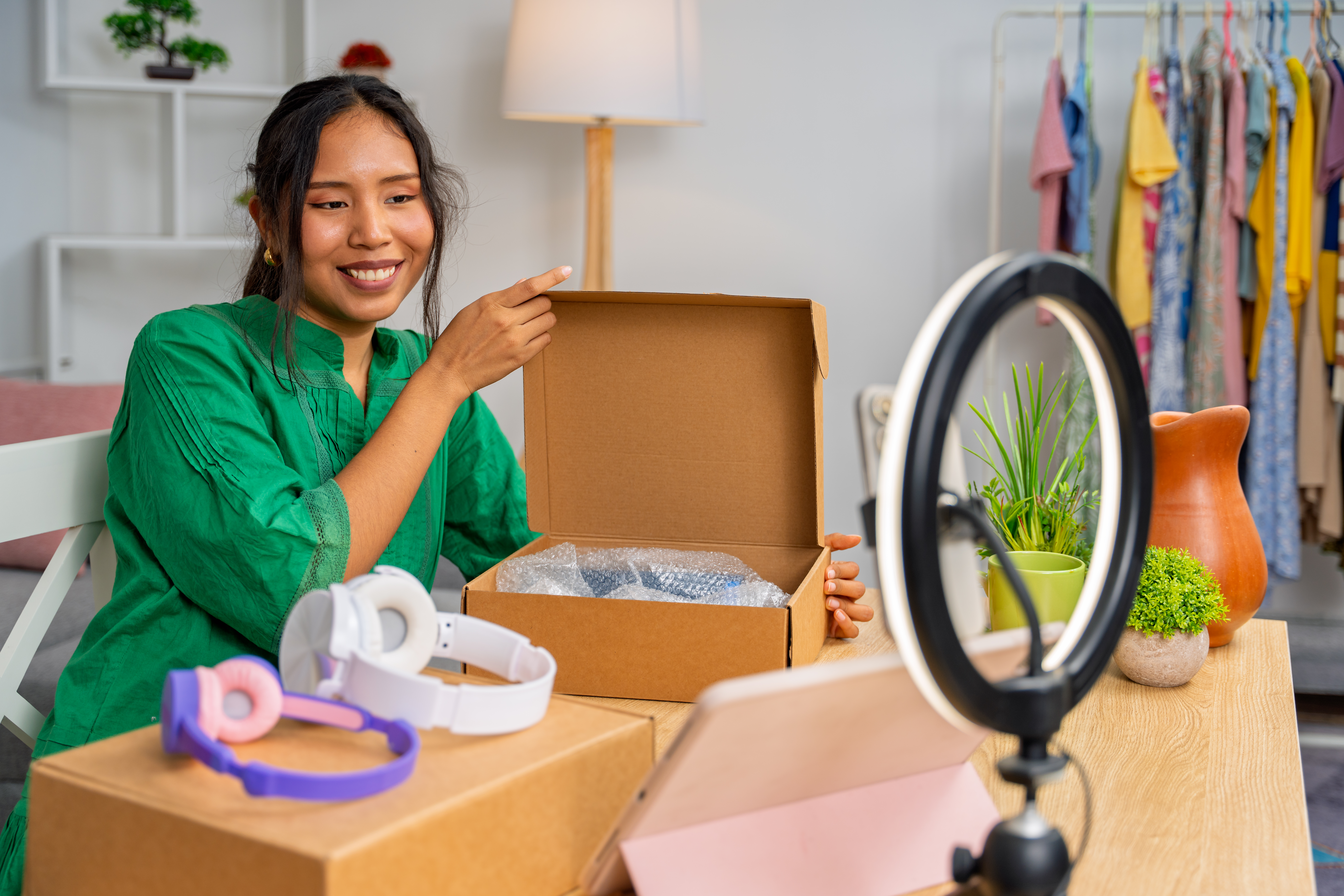 Latin content creator unboxing new headphones and pointing at the box while recording a video for her followers